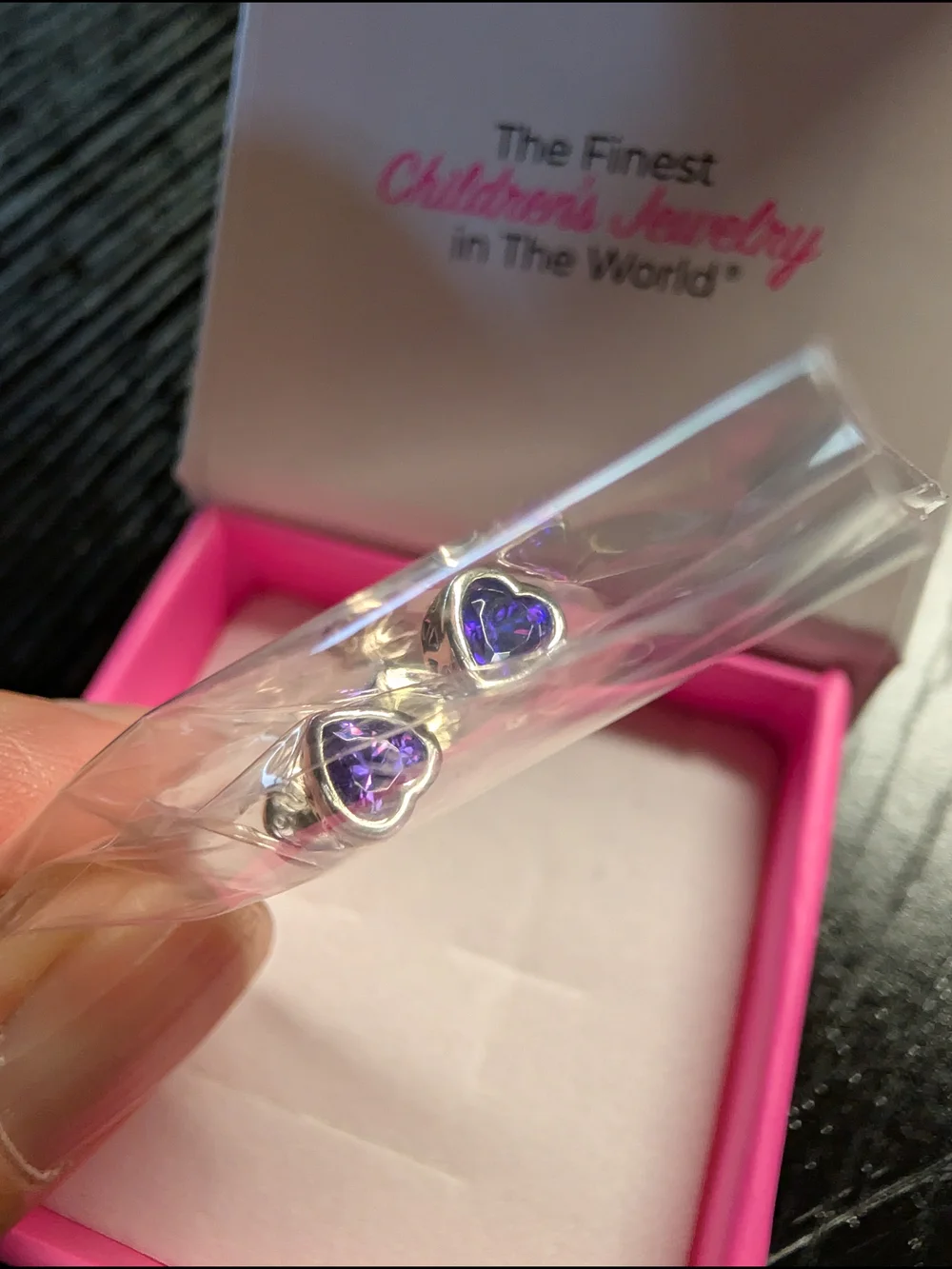Sterling Silver Heart Stud Earrings with Purple Gemstone - Kids